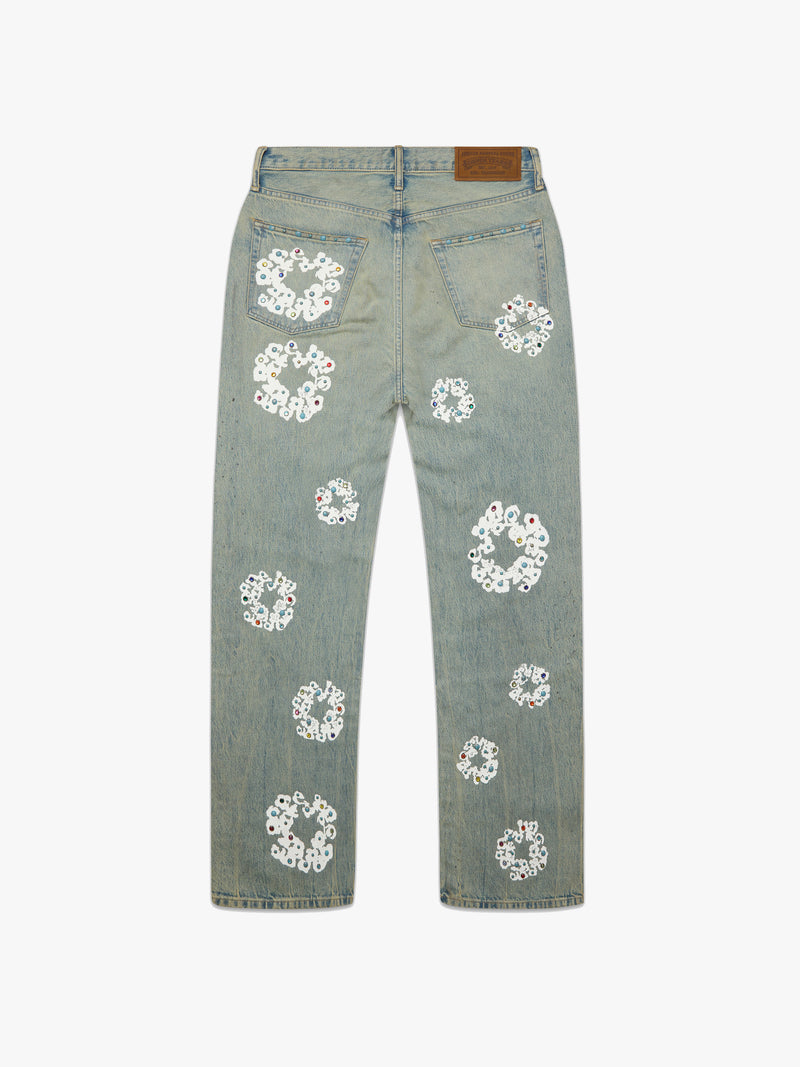 Baggy Studded Cotton Wreath Denim Pant Dirty Wash