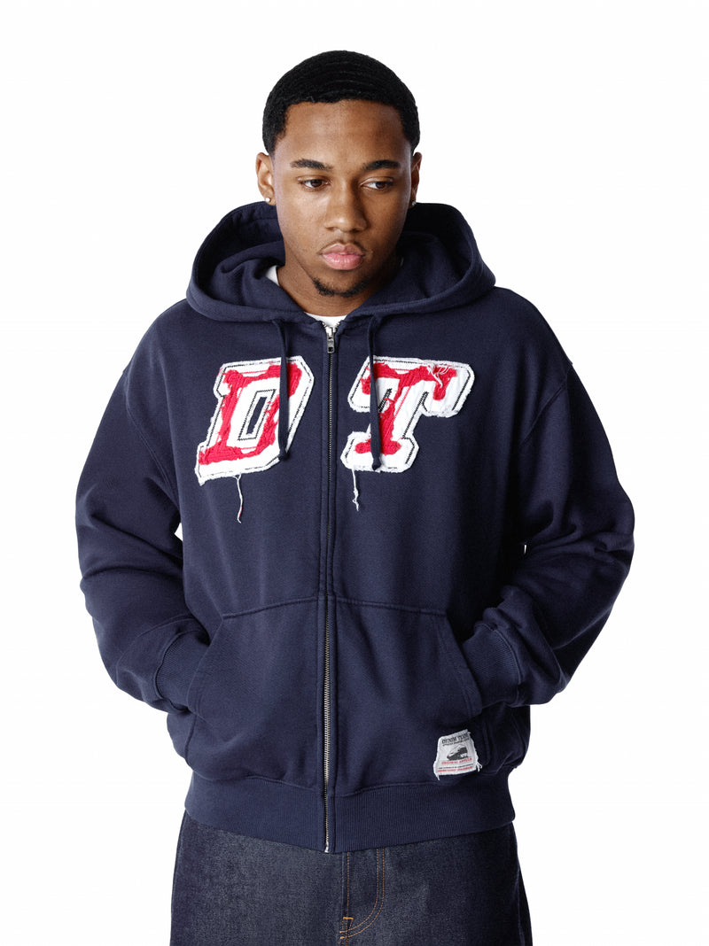 Distressed Tackle Twill Zip Up Hoodie Navy