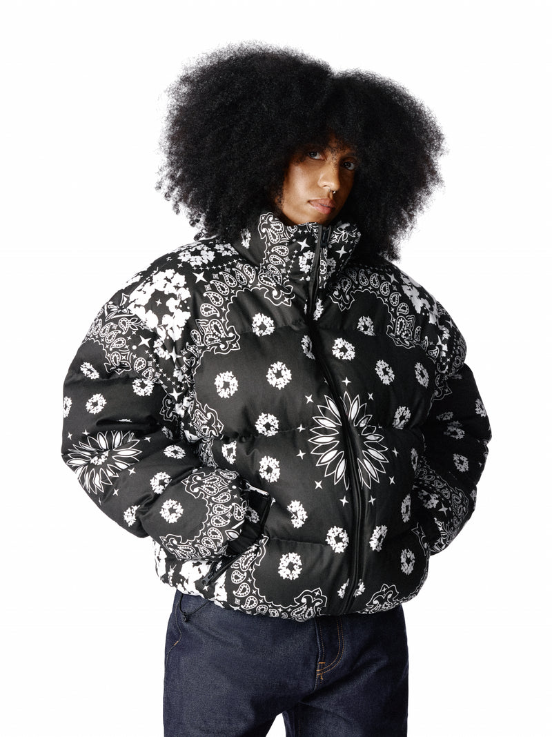 Cotton Wreath Paisley Puffer Jacket Black