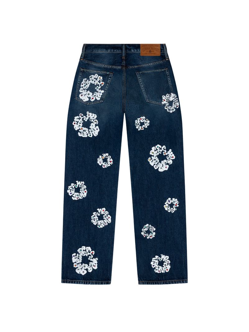 Baggy Rhinestone Cotton Wreath Denim Pant Dark Wash