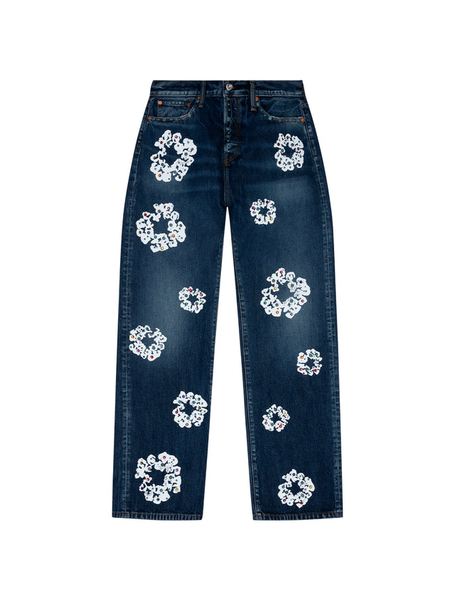 Baggy Rhinestone Cotton Wreath Denim Pant Dark Wash
